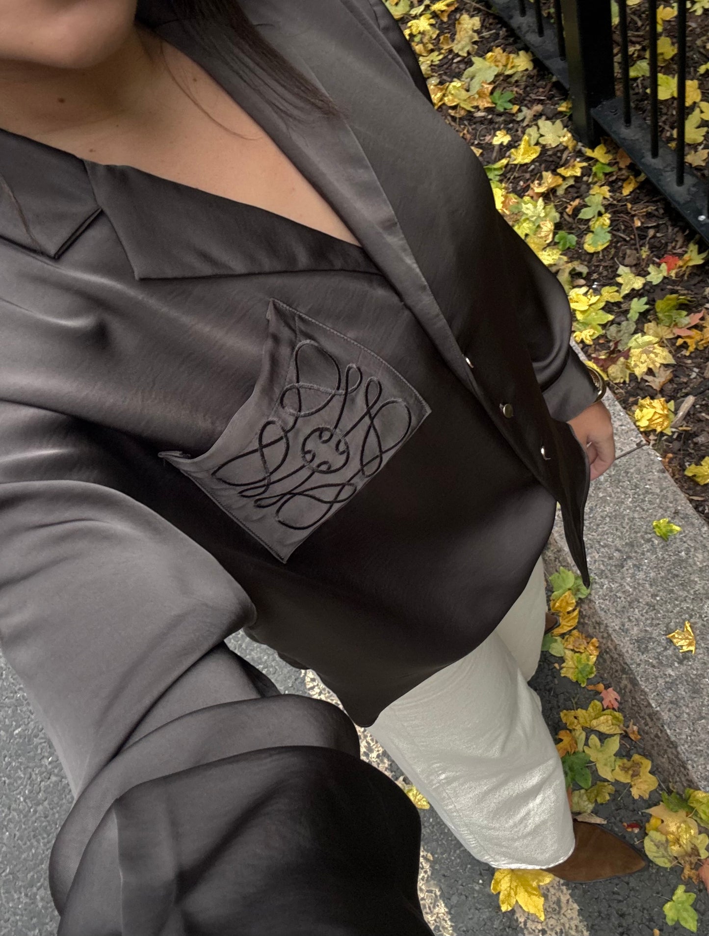 Brown satin shirt with embroidered pocket