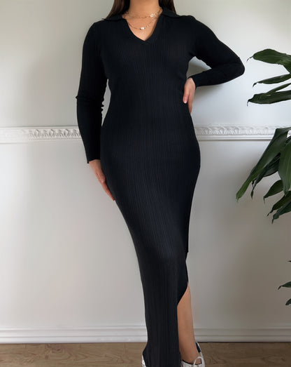 The Black Long Ribbed Dress with Slit