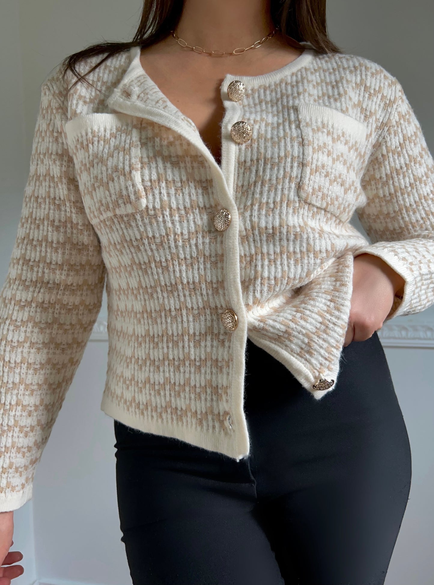 The Beige and White knitted Cardigan