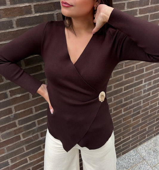 Brown wrap sweater with gold shell detail