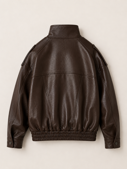 Veste en similicuir grainé marron à col cheminée