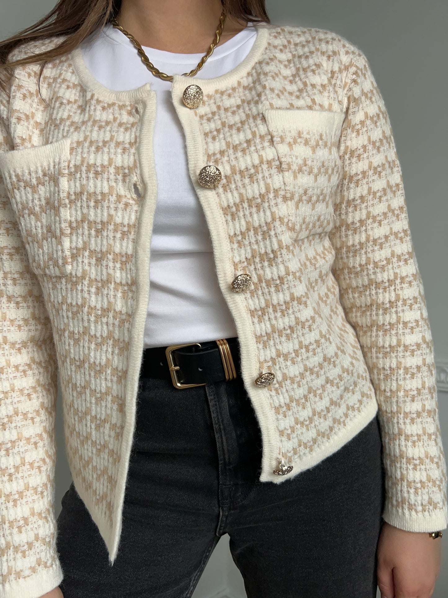 The Beige and White knitted Cardigan