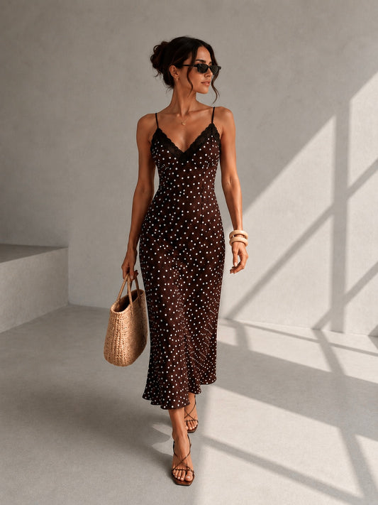 Robe longue satinée marron à pois polka dot blanc et dentelle
