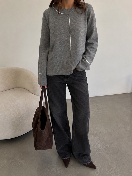 Pull Épais Gris Liseré Blanc