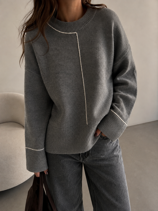Pull Épais Gris Liseré Blanc