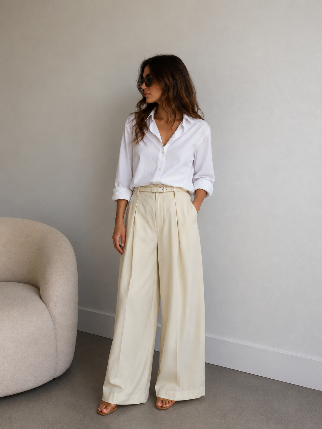 Pantalon large jaune pâle avec ceinture