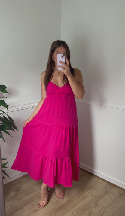 Robe longue gaze de coton fuchsia