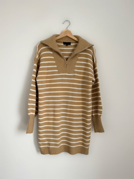 Beige and camel striped sweater dress with trucker collar