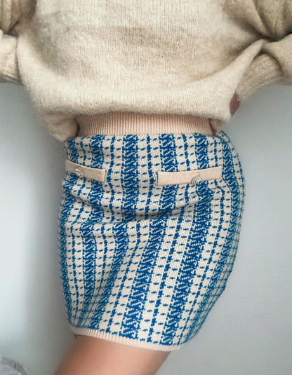 Blue and cream houndstooth knit skirt