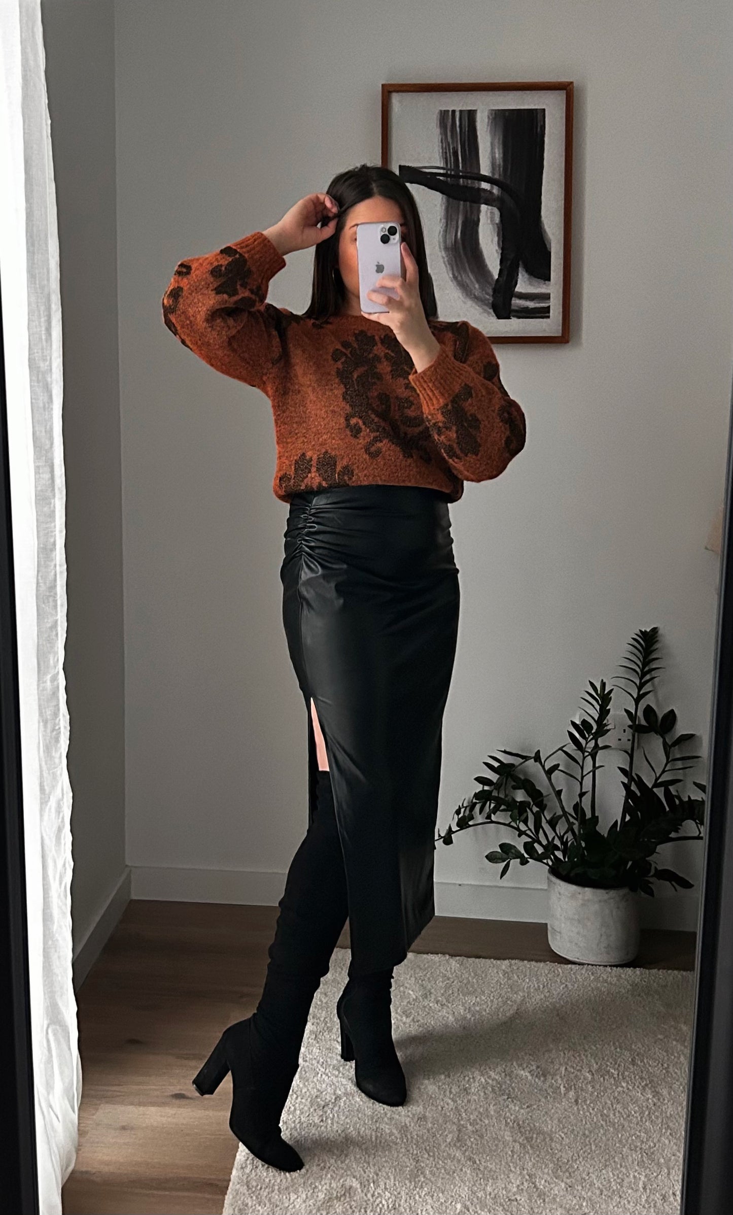 Jupe en simili cuir longue fendue et drap e